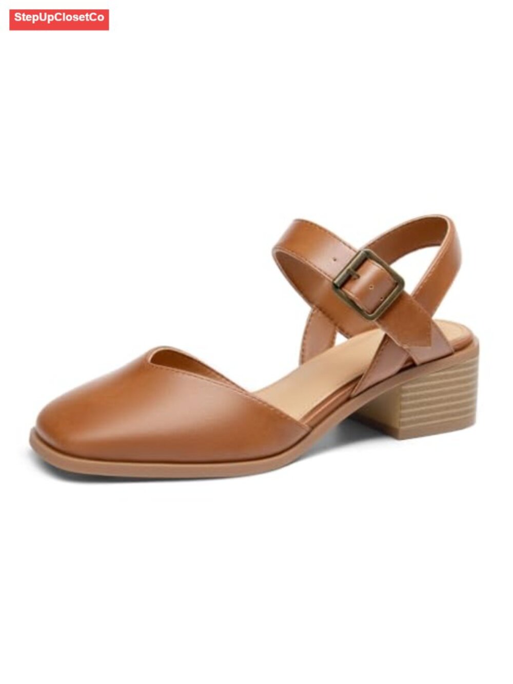 Womens Chunky Low Heels Closed Toe Faux Leather Pumps Adjustable Ankle Strap